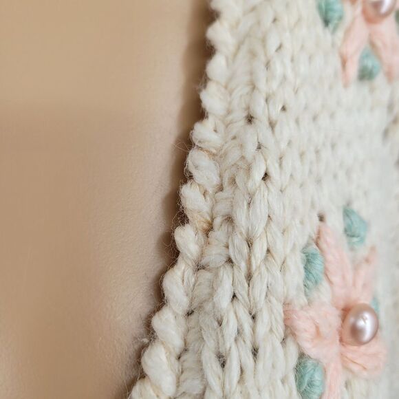 Vintage Hand Knit Cream with Pastel Floral Women's Cardigan Sweater Pointelle - Picture 2 of 13